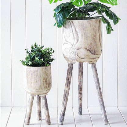 White washed wood planter pot holder stand