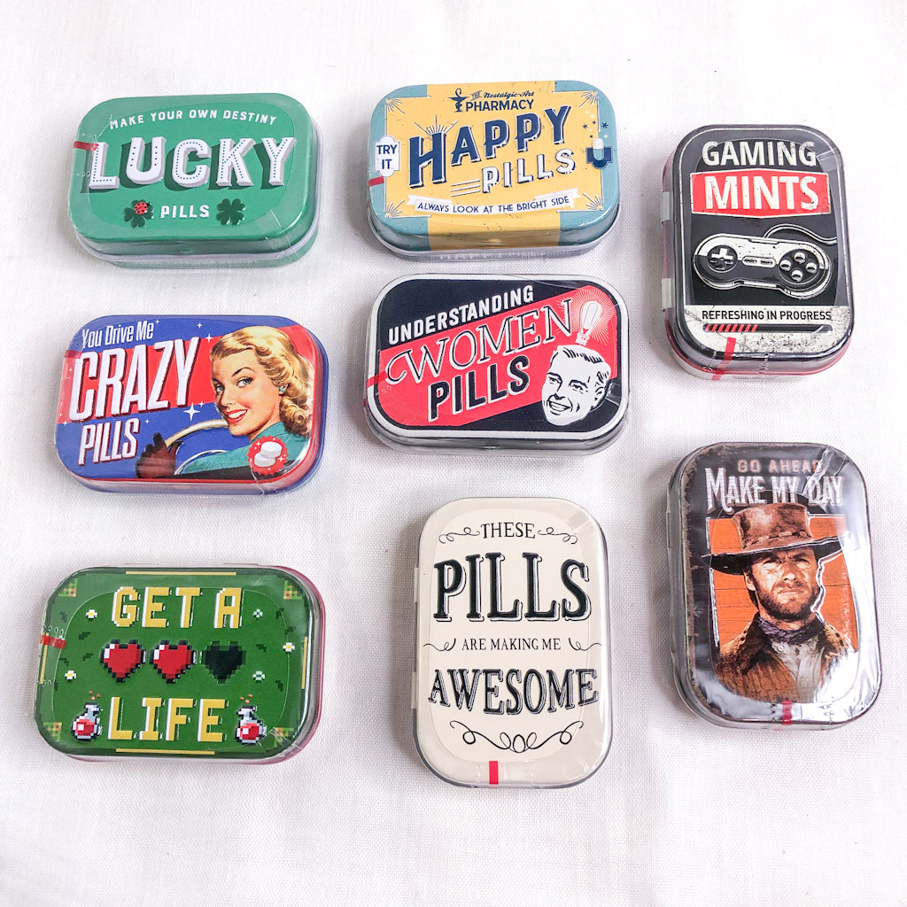 Lucky Happy pills / gamer fun Mints in a novelty metal trinket tin