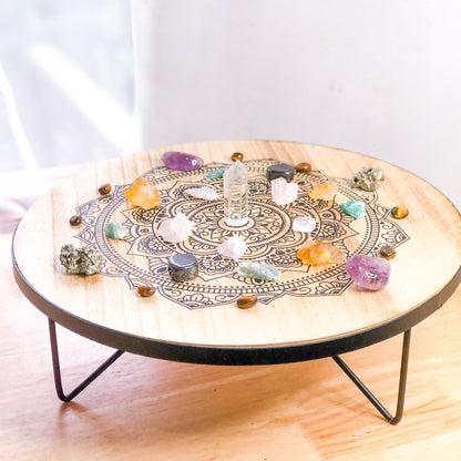 Reiki chakra crystal grid wooden altar table & crystal set