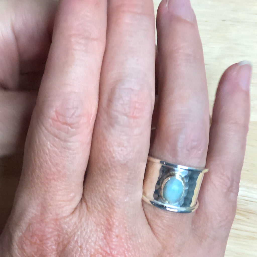 Natural Larimar crystal silver ring wide band