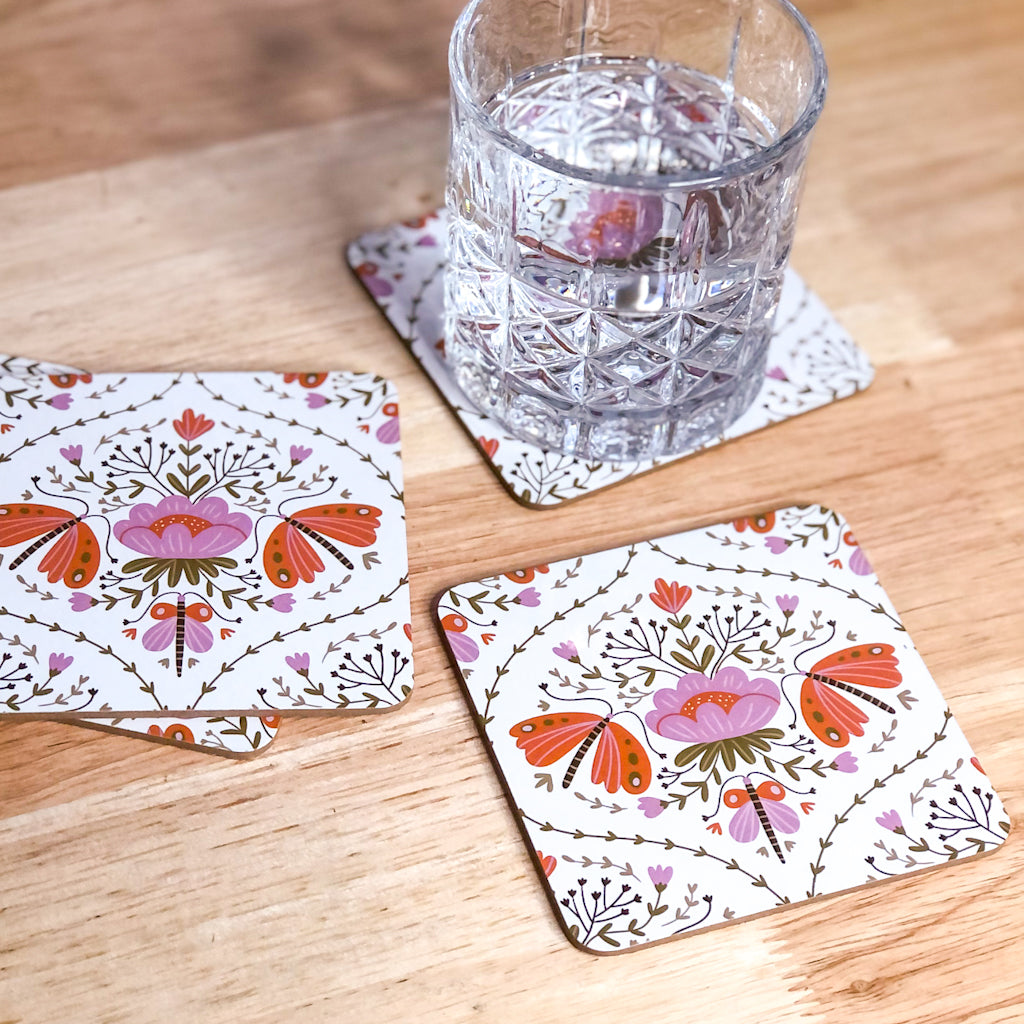 Pink butterfly floral coaster set