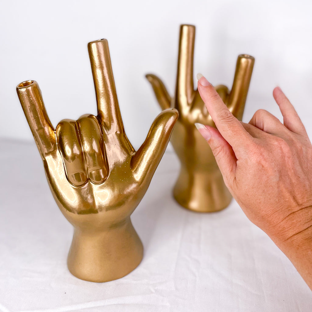 Gold Rock hands ceramic vase statue