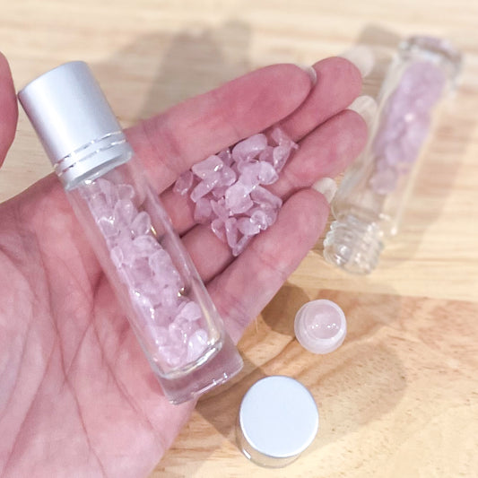 Rose Quartz Crystal perfume oil roller bottle