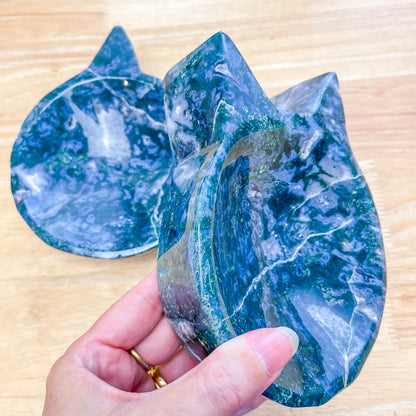Moss agate crystal pussy cat shaped carved bowl large 1kg