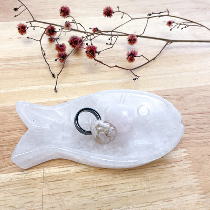 Clear quartz crystal fish shaped carved bowl