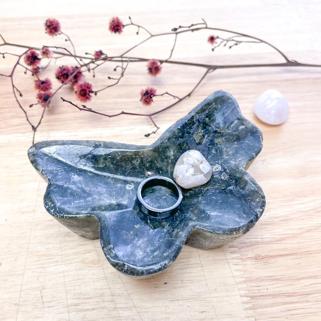 Labradorite crystal butterfly shaped carved bowl