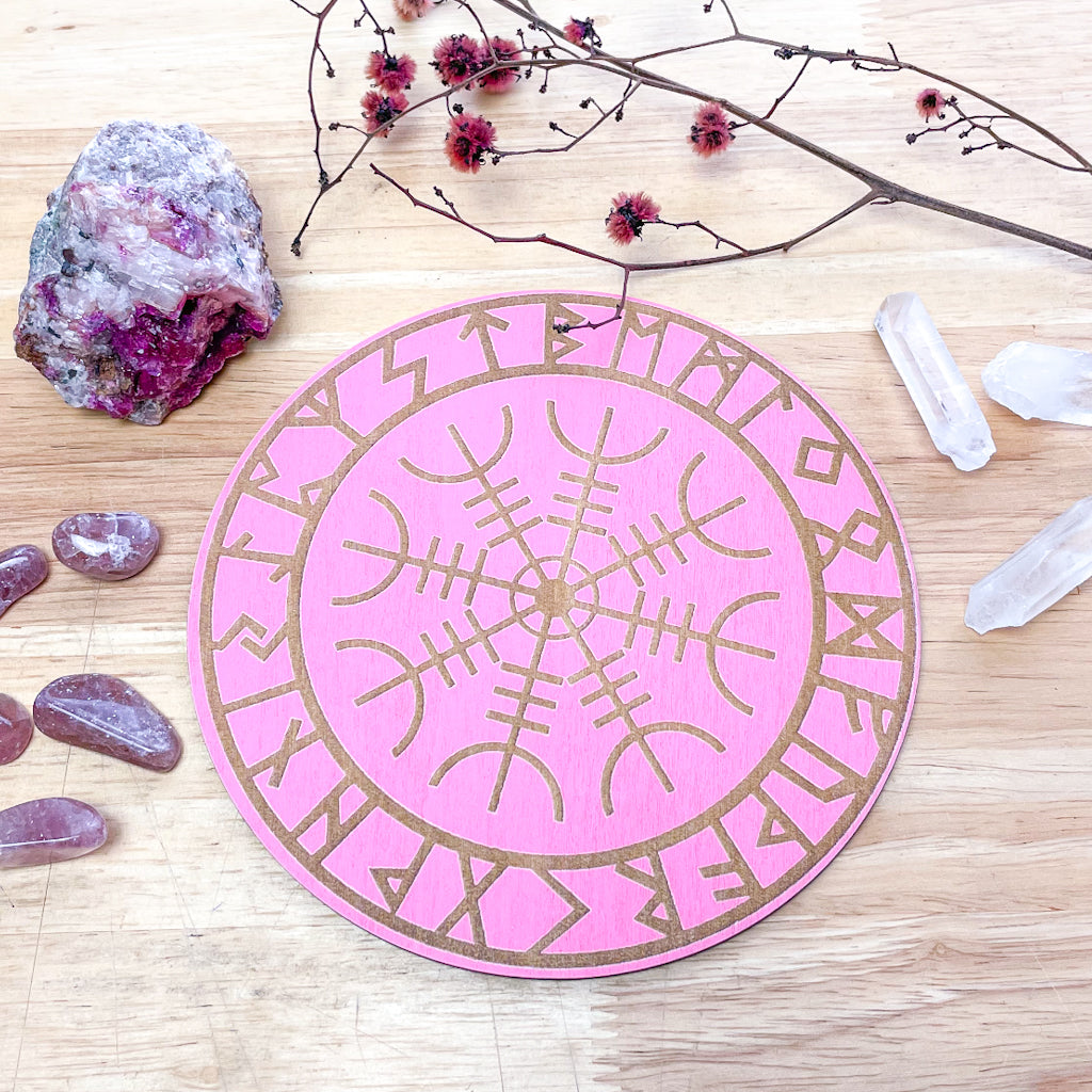 Helm of Awe viking compass / witches crystal grid wooden plate