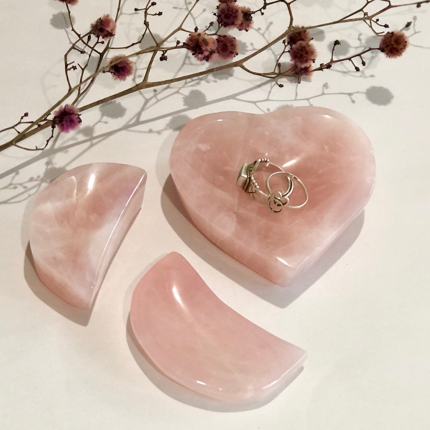 High quality Rose quartz crystal bowl carved trinket ring dish