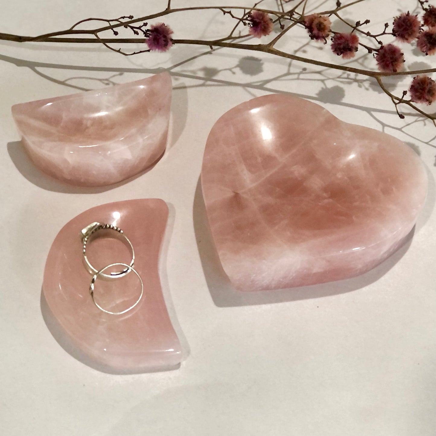 High quality Rose quartz crystal bowl carved trinket ring dish
