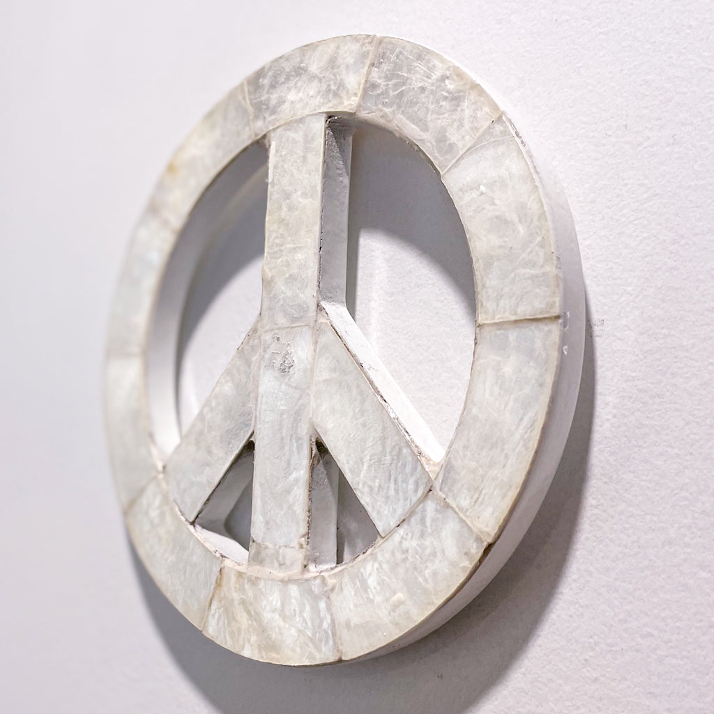 Handmade capiz shell inlay tile peace sign wall hanging