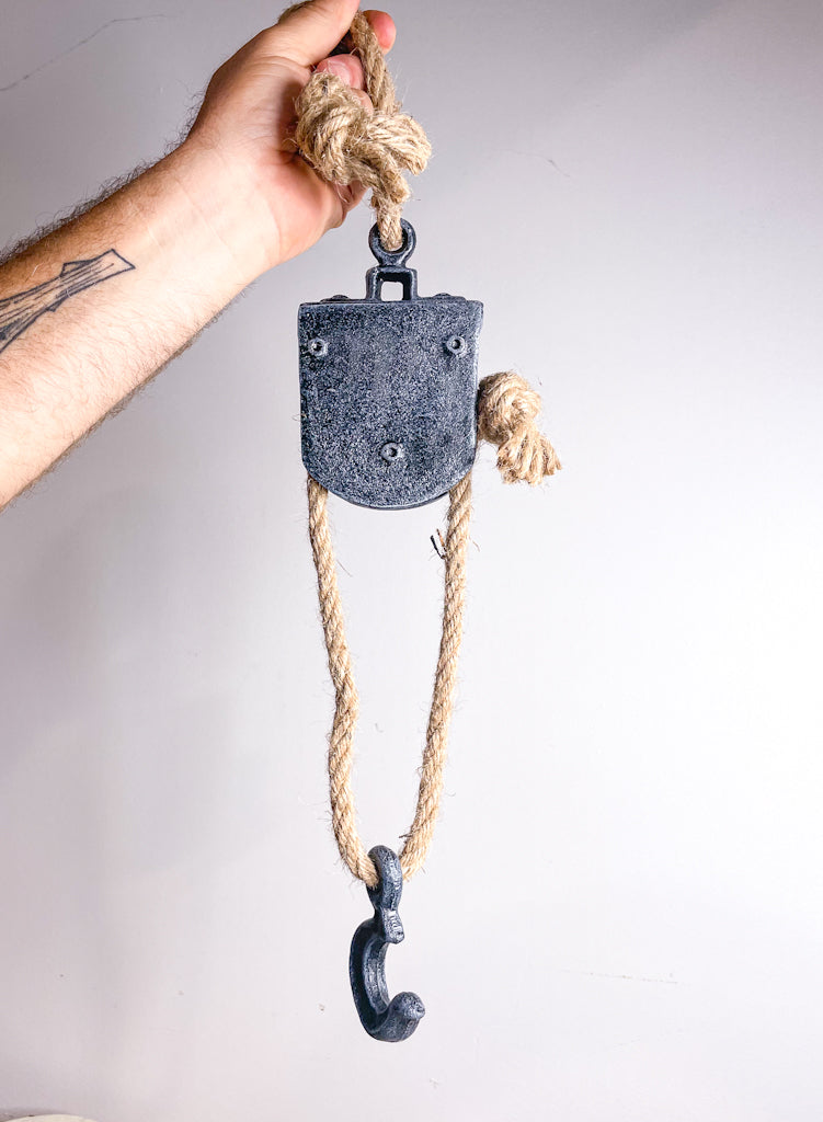 Vintage cast iron and wood pulley with hook