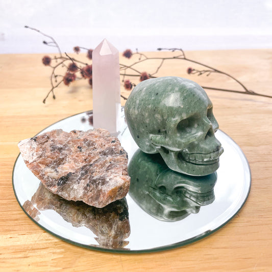 Crystal bundle - Green jade skull, raw unicorn stone and rose quartz tower