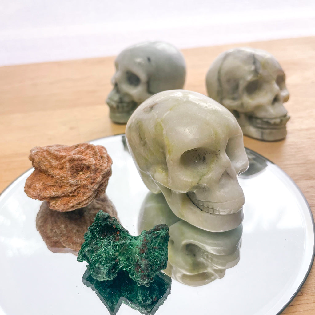 Crystal bundle - Serpentine skull, desert rose and raw malachite