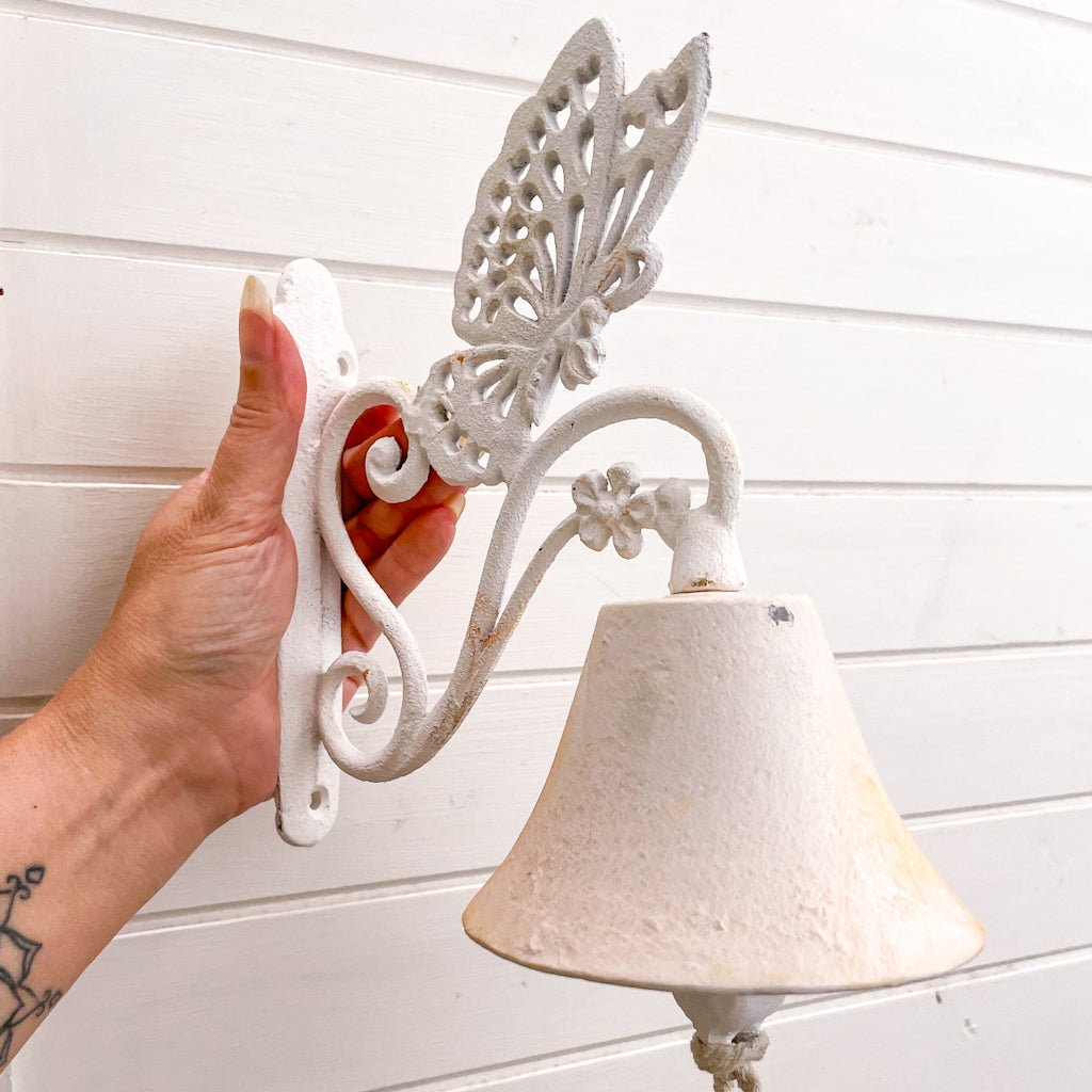 Cast iron hand painted white vintage door bell wall hanging - fairy butterfly