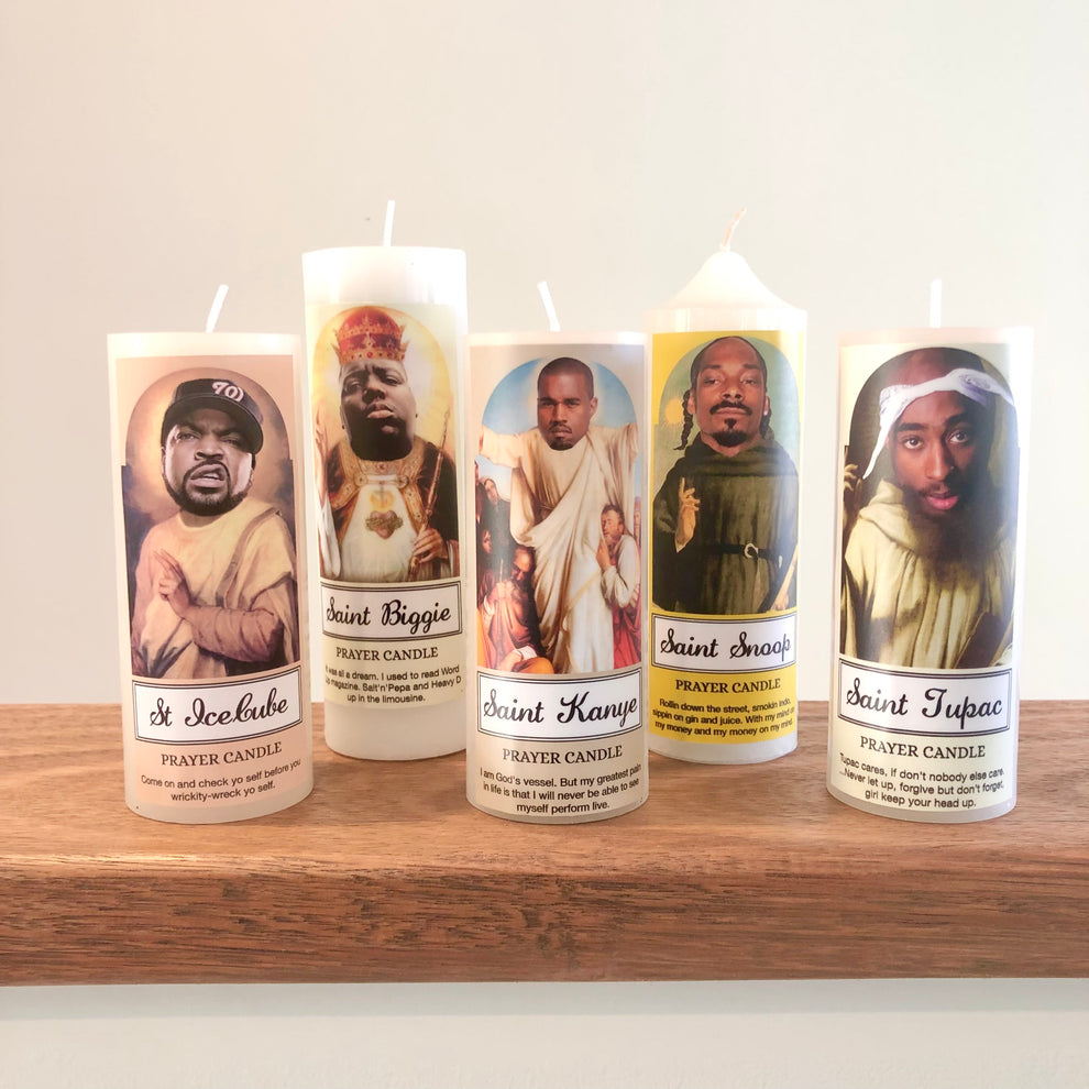 Hip hop rapper celebrity prayer candle Rap gods Biggie, Tupac, Sno