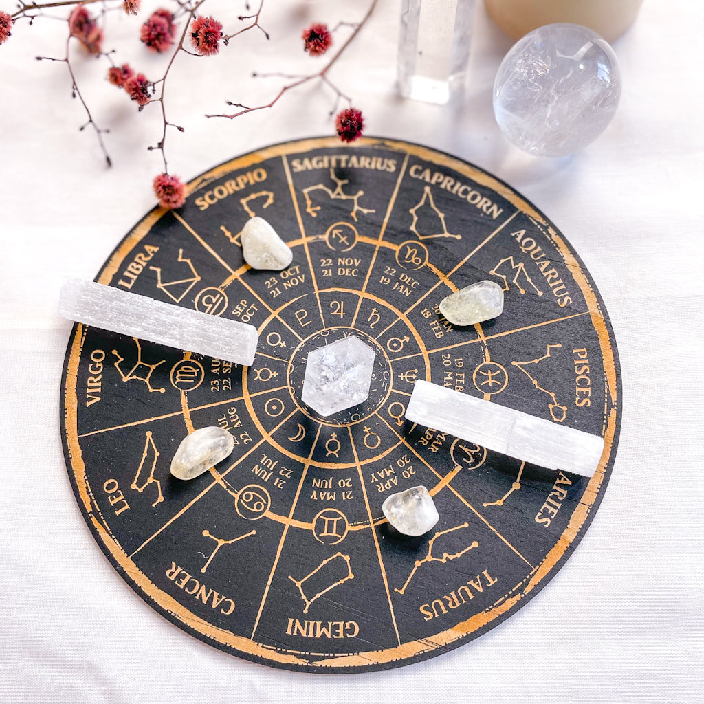 SET Zodiac star sign astrology crystal grid wooden with