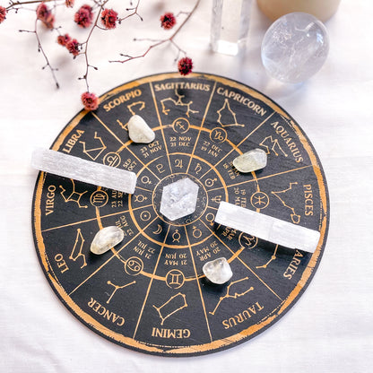 SET - Zodiac star sign / astrology crystal grid wooden with crystals