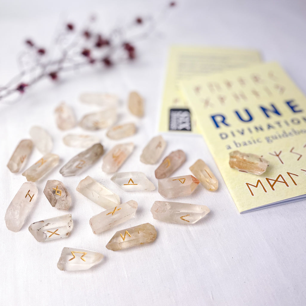 Witches clear quartz crystal fortune telling runes set