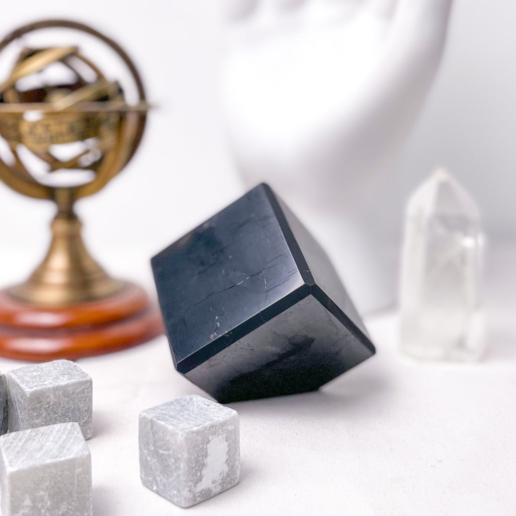 High quality Shungite crystal optical illusion cut corner polished & carved cube