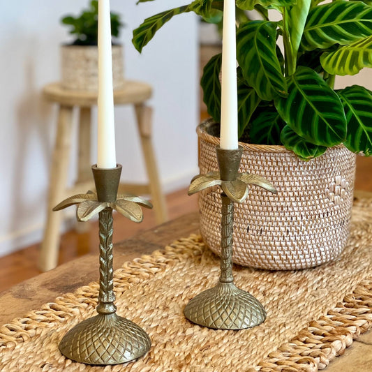 Palm tree tarnished brass candle holder