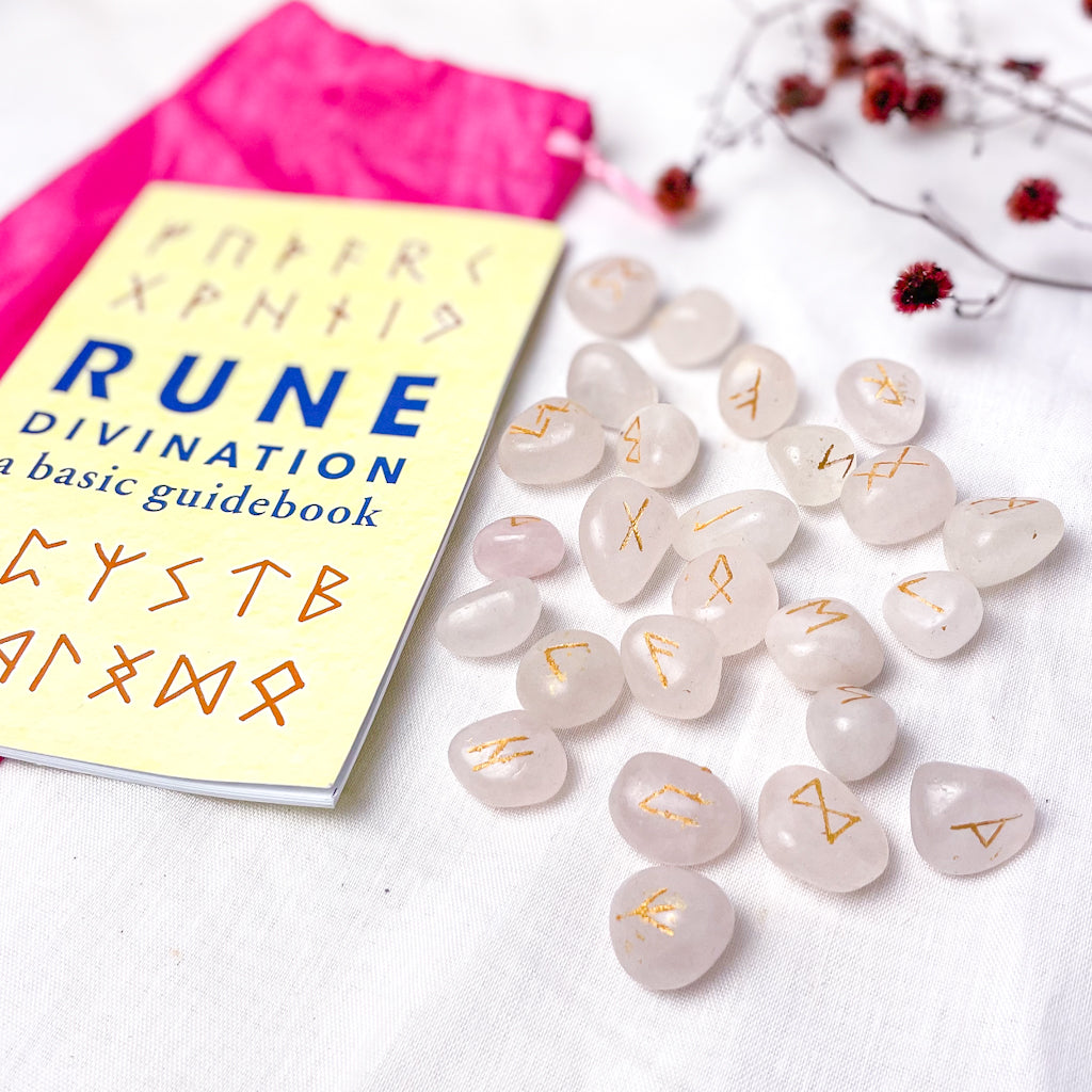 Rose quartz crystal runes stone set with book – Six Things Shop Australia