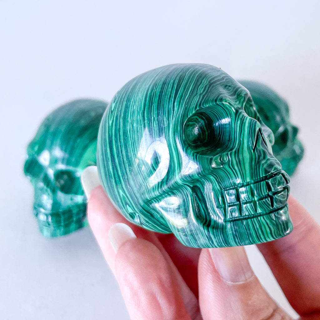 Rare green malachite hand carved crystal skull