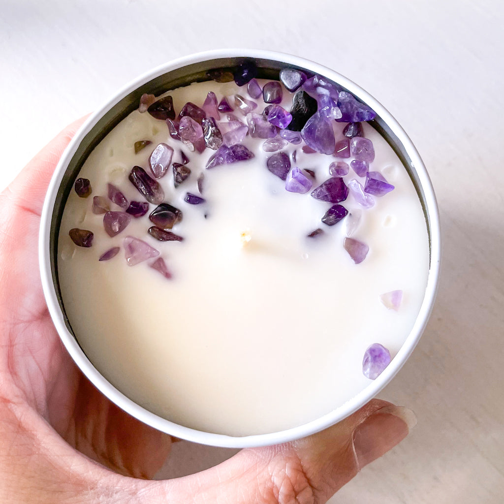 Amethyst crystal infused - calming anxiety soothing soy candle