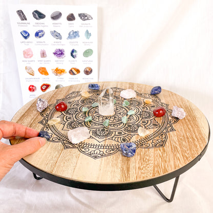 Reiki chakra crystal grid wooden altar table & crystal set