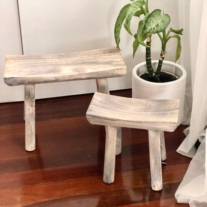 Wooden plant table / white wash wood bench stool