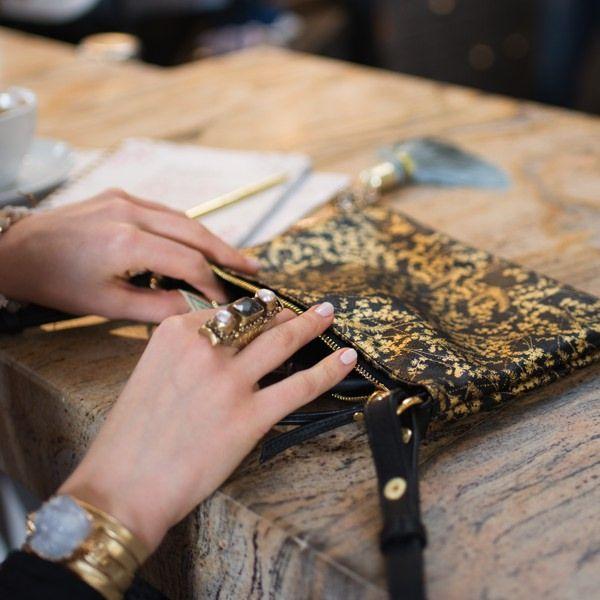 Black gold floral strap handbag