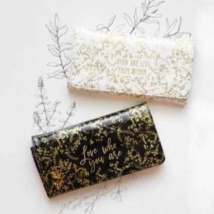 Gold and white or black floral trifold purse / wallet