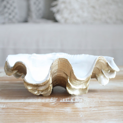 Gold and white coastal decor clam shell bowl / tray
