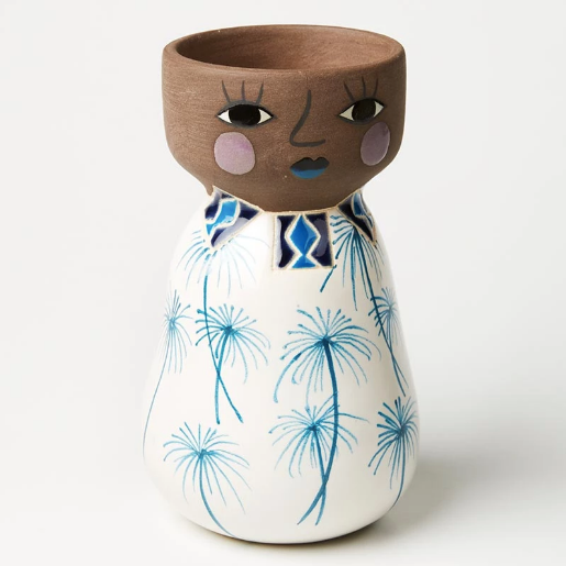 Tropical tribal bluebelle hand painted face vase planter pot