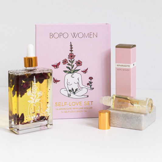 Gift box set - body oil and crystal perfume roller