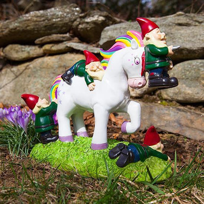 Unicorn defeats garden gnomes statue