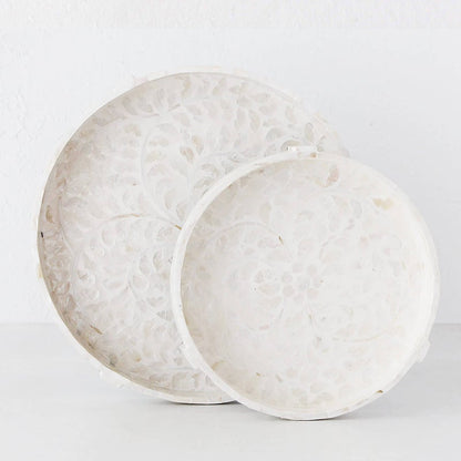Handmade capiz shell pearl inlay round tray with feet M-L