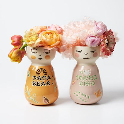Mama bird or Papa bear face vase planter pot