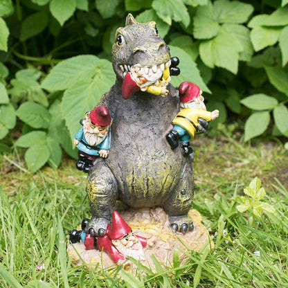 Gnomezilla / Dinosaur trex eating garden gnomes statue