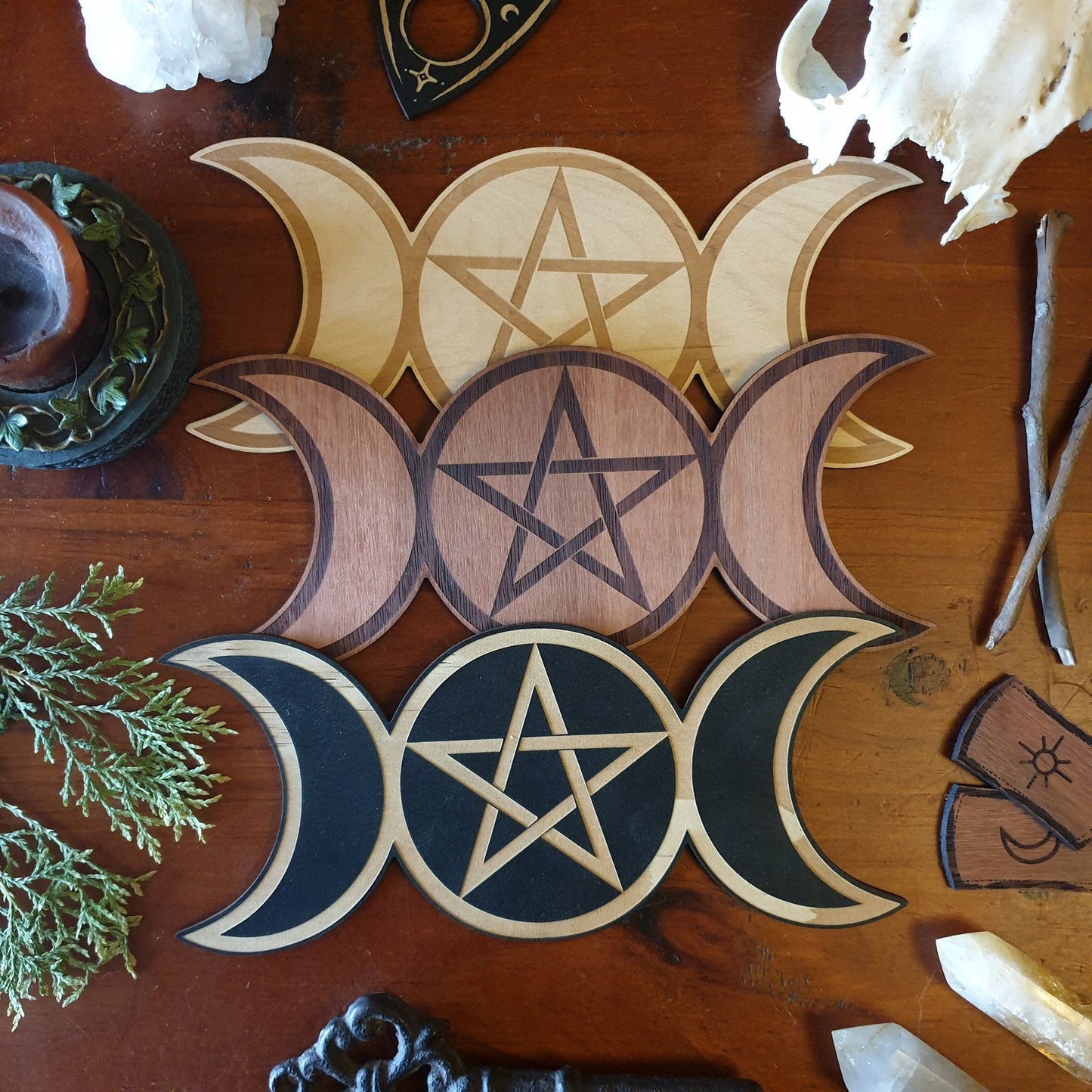 Triple goddess pentagram wooden symbol crystal grid