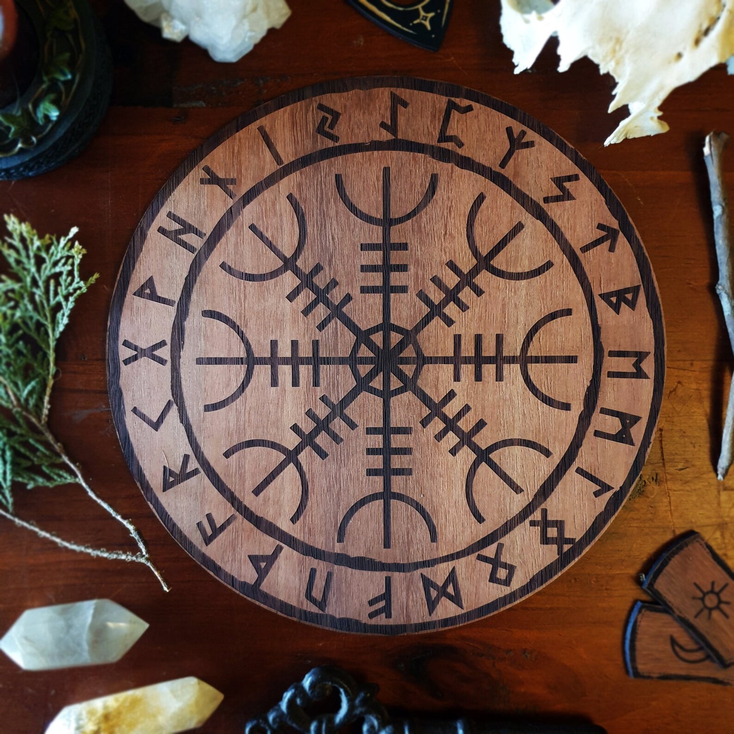 Helm of Awe / Vegvisir Viking Compass Altar Tile crystal grid wooden