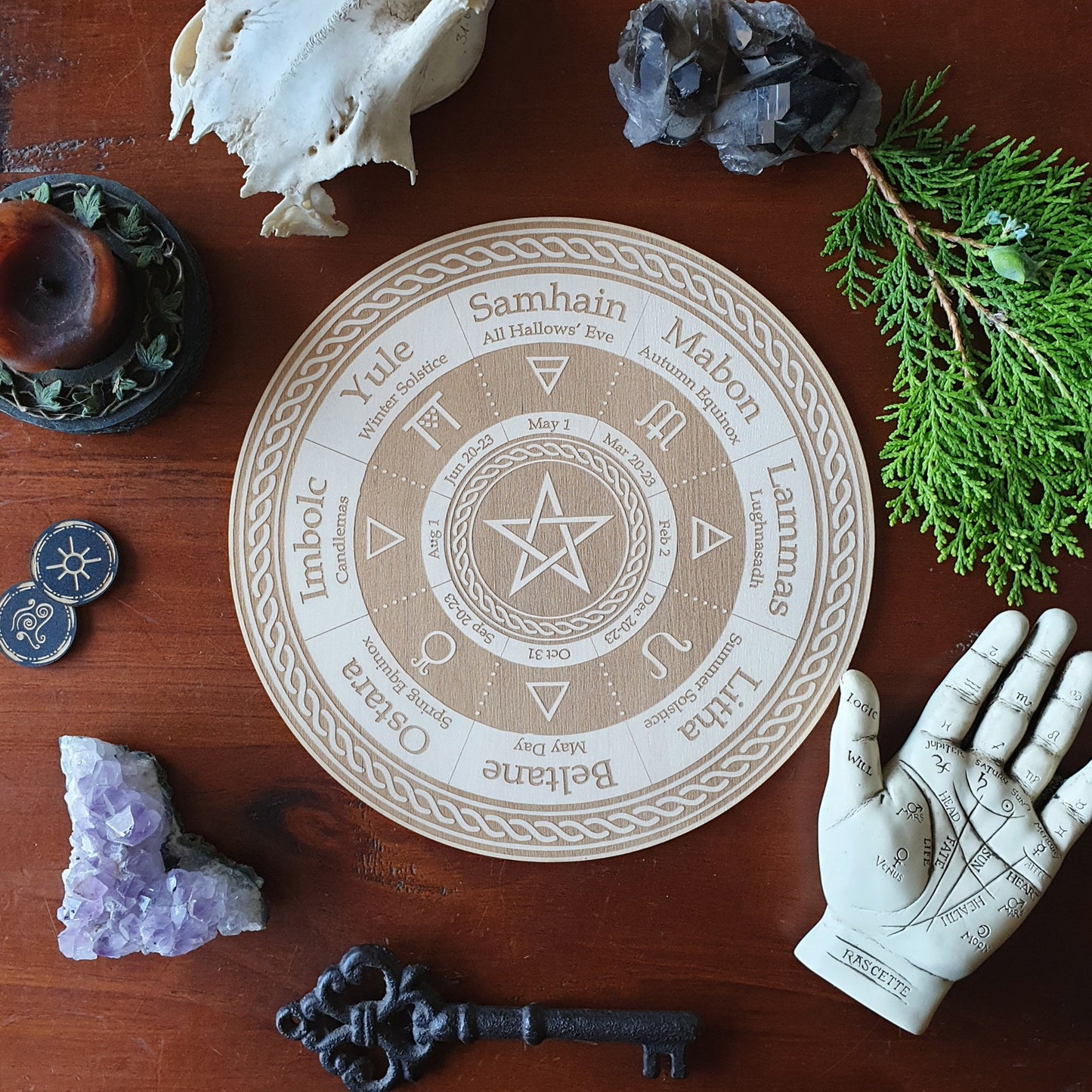 Wiccan calendar / witches annual wheel crystal grid wooden