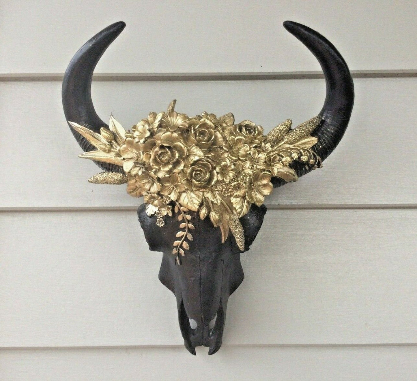 Glam gold black floral cow skull wall hanging