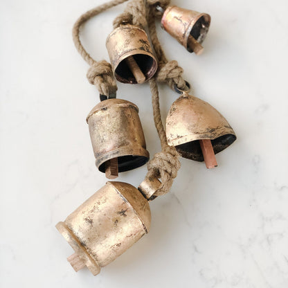 Vintage brass cow bell set 5 - gold xmas bells