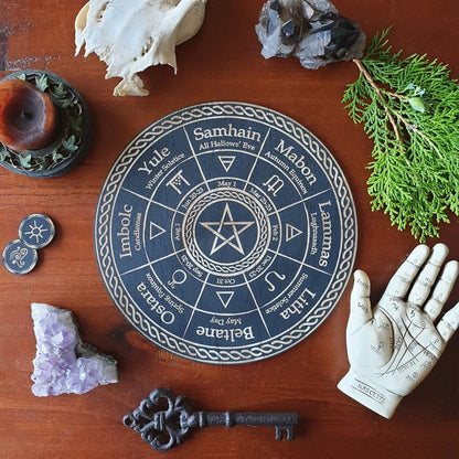 Wiccan calendar / witches annual wheel crystal grid wooden