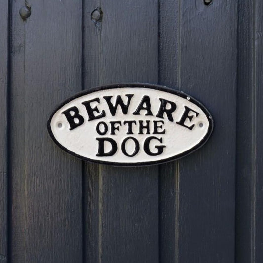 Beware Dog cast iron vintage wall hanging sign