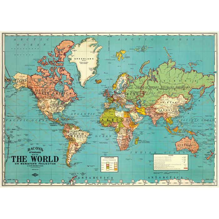 Bacons vintage world map poster print - Six Things - 3