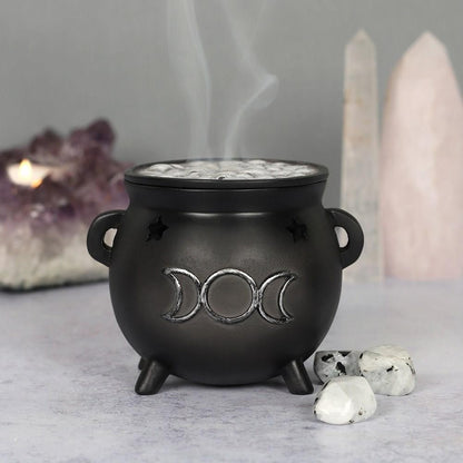 Witches cauldron triple moon incense holder pot